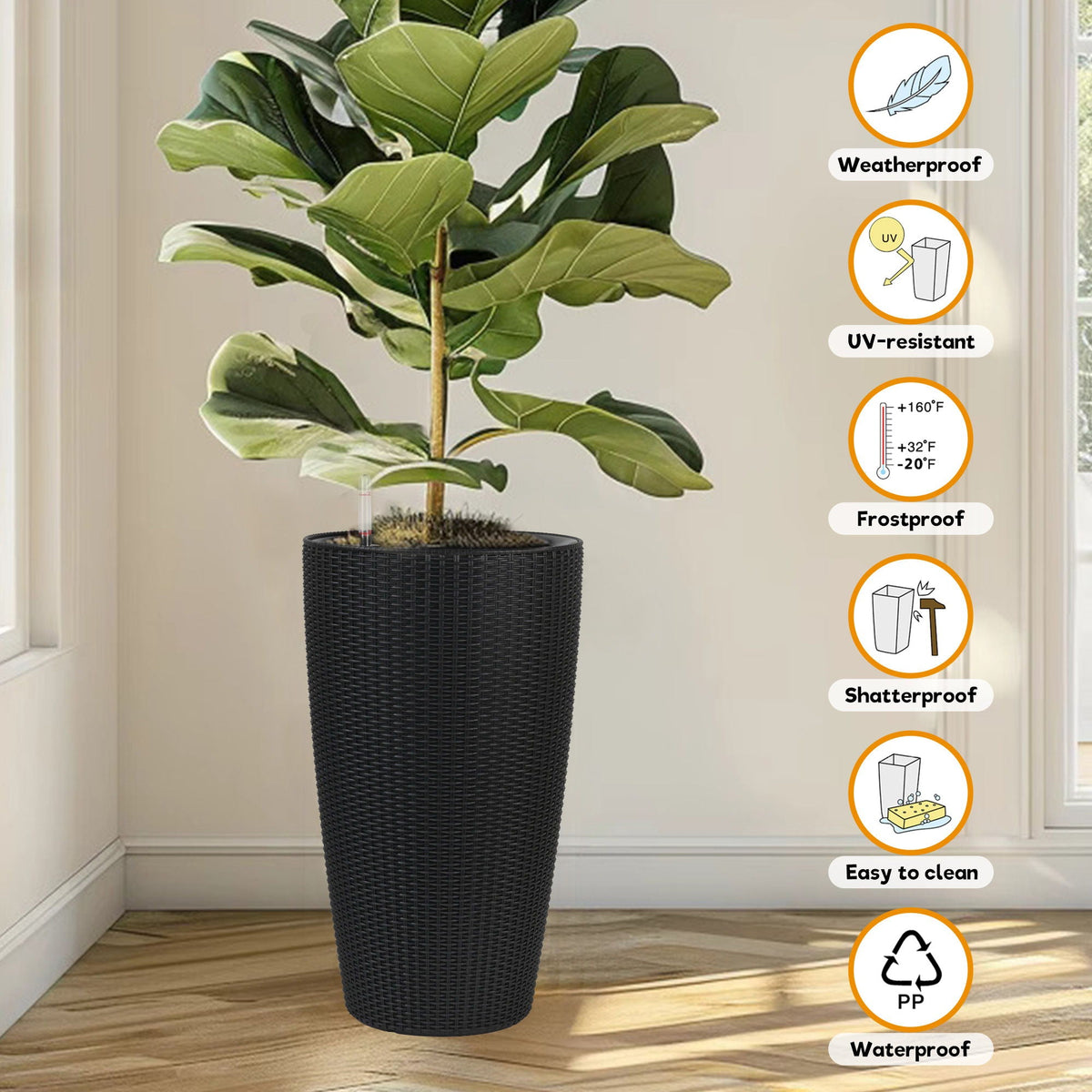Tall Planters set with water level monitor and auto watering in black weave HouseOfZazla on Tampa Home & Garden Store