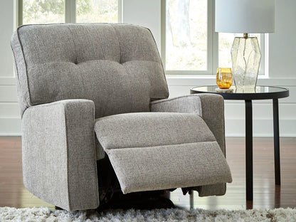 Larimer rocker recliner in gray fabric by Unique Piece Furniture; glass side table, lamp nearby on Tampa Home & Garden Store