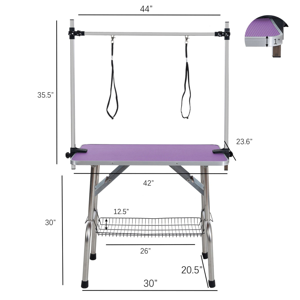 Folding dog grooming table with stainless steel frame, purple rubber mat, adjustable arm on Tampa Home & Garden Store