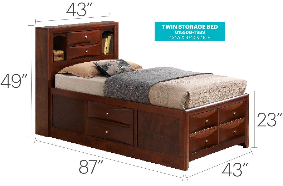 Twin storage bed in dark wood with bookcase headboard and built-in drawers and shelves on Tampa Home & Garden Store