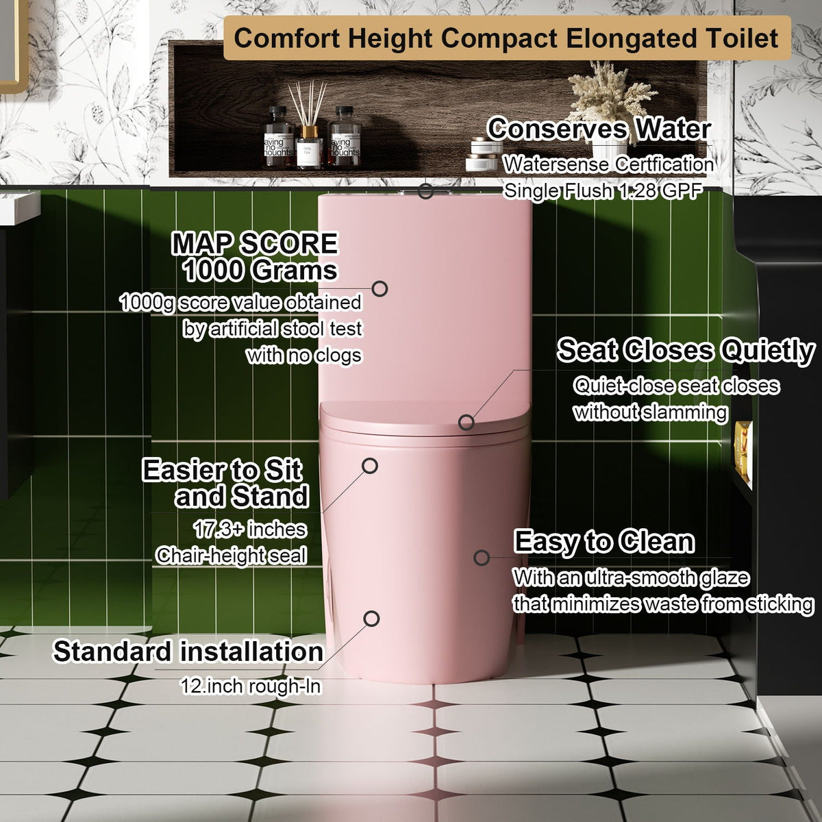 HouseOfZazla 1 Piece Toilet with Tornado Flush and Dual Flush pink ADA-height on Tampa Home & Garden Store