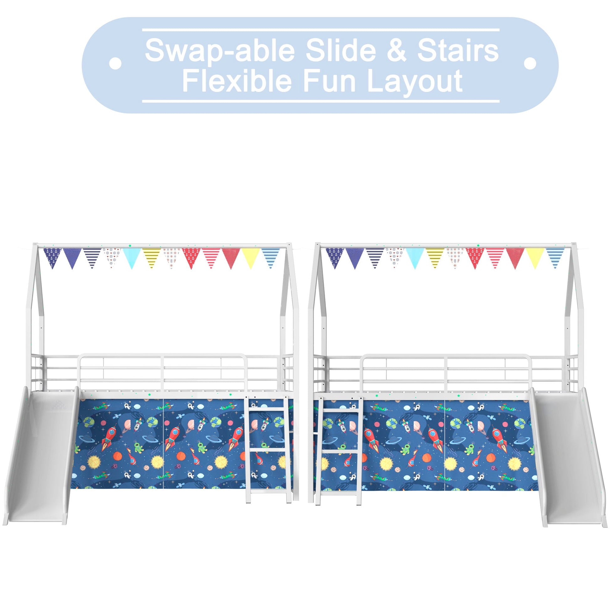 Jack loft beds with slide and curtains metal frames with bunting and space panels by HouseOfZazla on Tampa Home & Garden Store