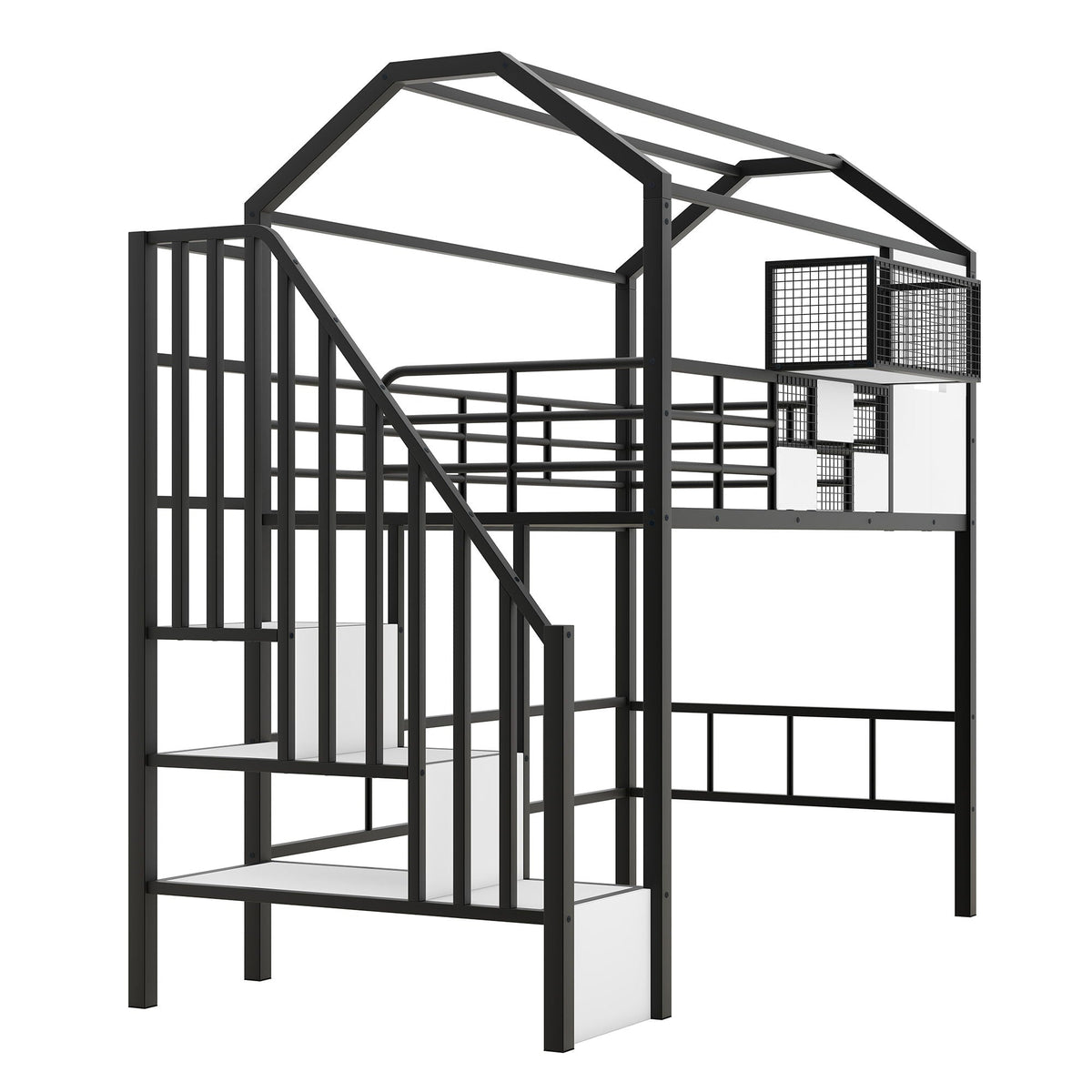 Black metal loft bed frame with roof design, guardrails, integrated ladder and storage box on Tampa Home & Garden Store