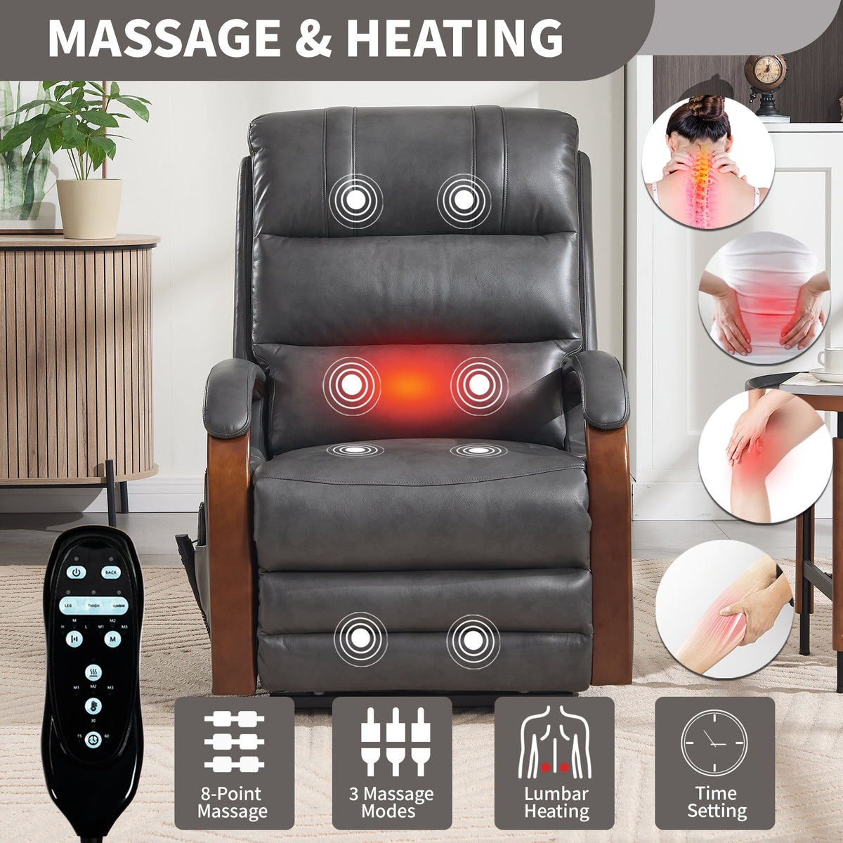 Power Dark Recliner Chair HouseOfZazla in gray leather with massage nodes on back and seat on Tampa Home & Garden Store