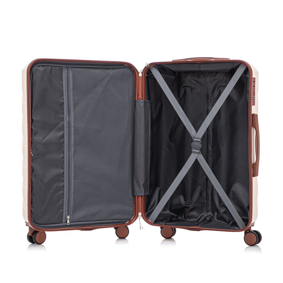 3-Piece ABS Spinner Luggage Set (20/24/28) beige, opened with mesh divider and straps on Tampa Home & Garden Store