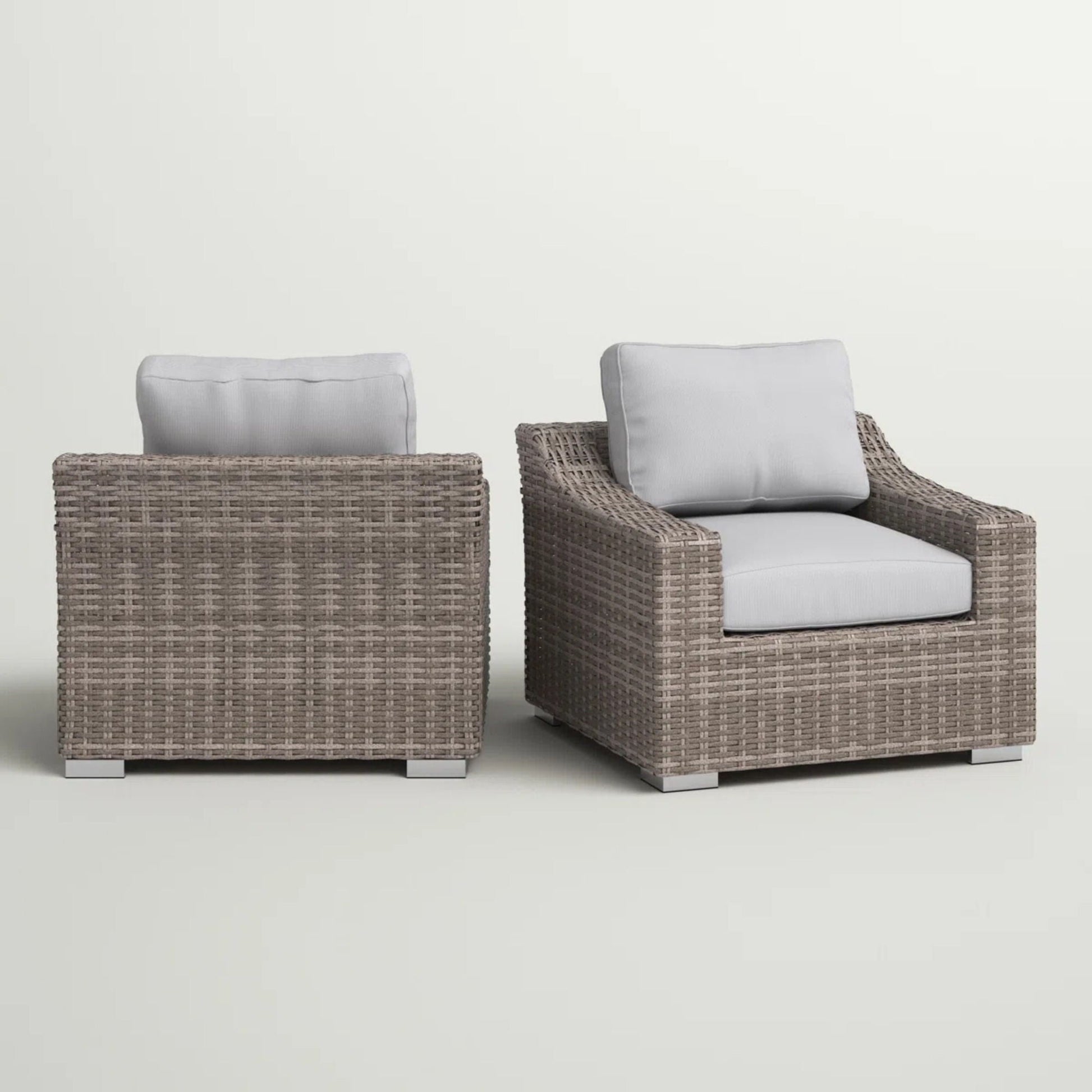 Patio arm chairs set of 2 in brown wicker with light gray cushions HouseOfZazla outdoor chairs on Tampa Home & Garden Store