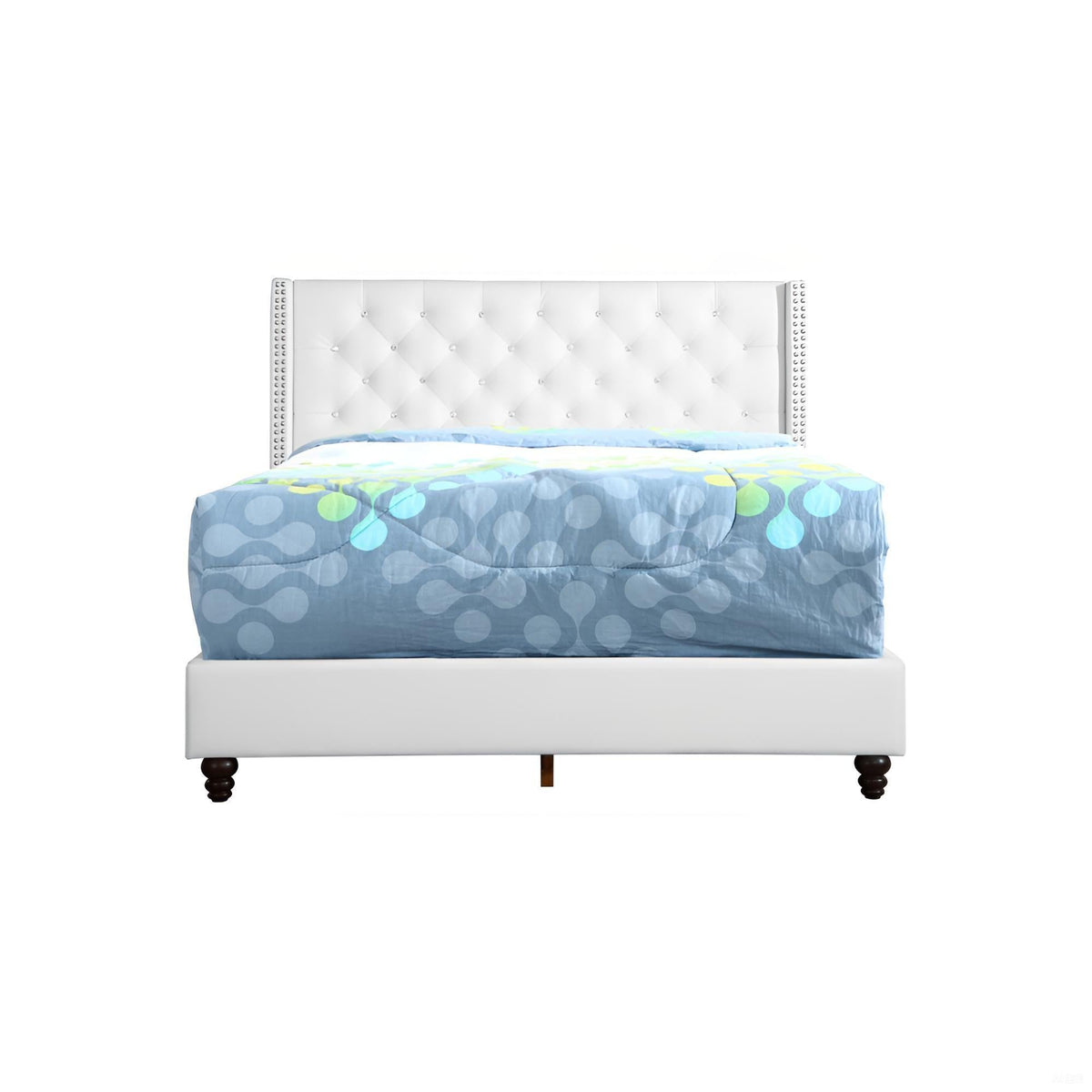 Upholstered Nailhead Trim Chic Bed white tufted headboard with nailhead trim, blue bedding on Tampa Home & Garden Store