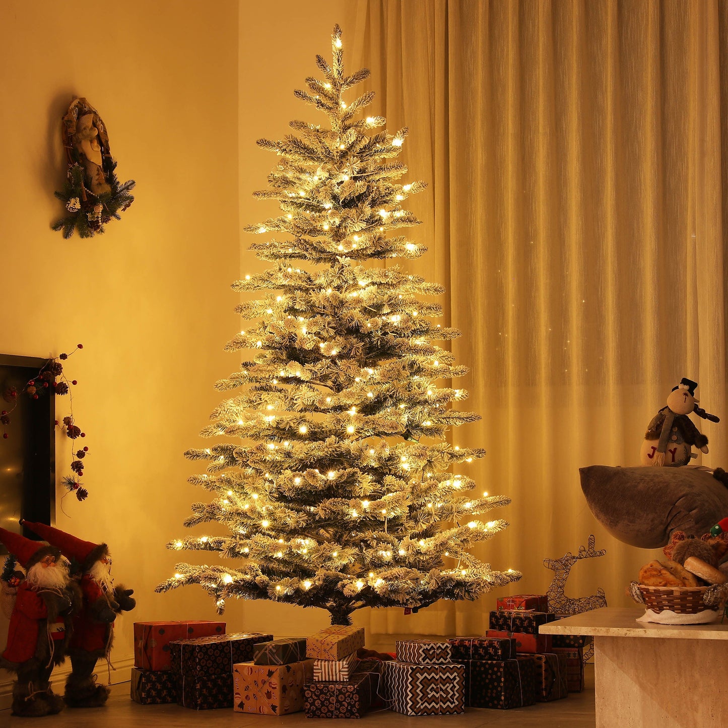 6.5 ft snow-flocked mountain pine artificial tree, pre-lit with warm white lights, HouseOfZazla on Tampa Home & Garden Store