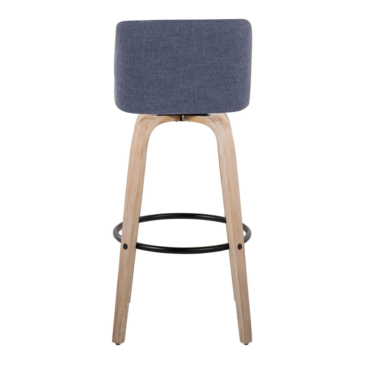 Bar stool blue fabric upholstery with natural wood legs and circular footrest on Tampa Home & Garden Store
