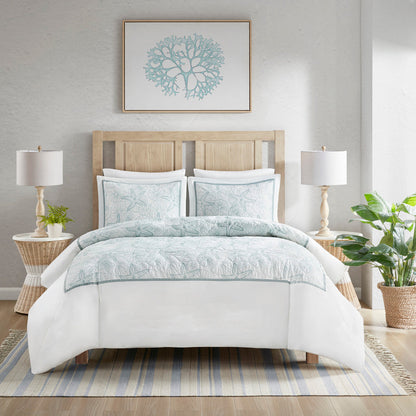 White cotton duvet cover mini set with light blue embroidered seashells, two shams on Tampa Home & Garden Store