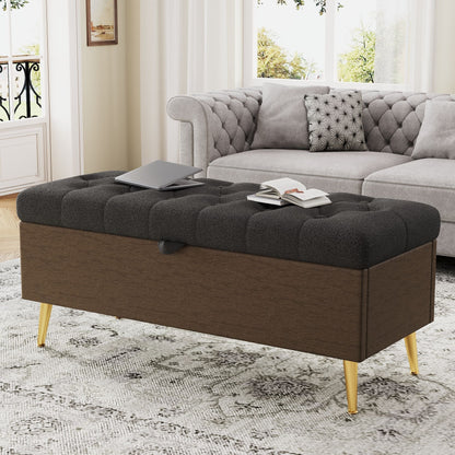 Modern tufted storage ottoman bench with metal legs in dark gray fabric; laptop and book on Tampa Home & Garden Store