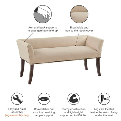 Elegant Bench with Solid Wood Frame Nailhead Trim