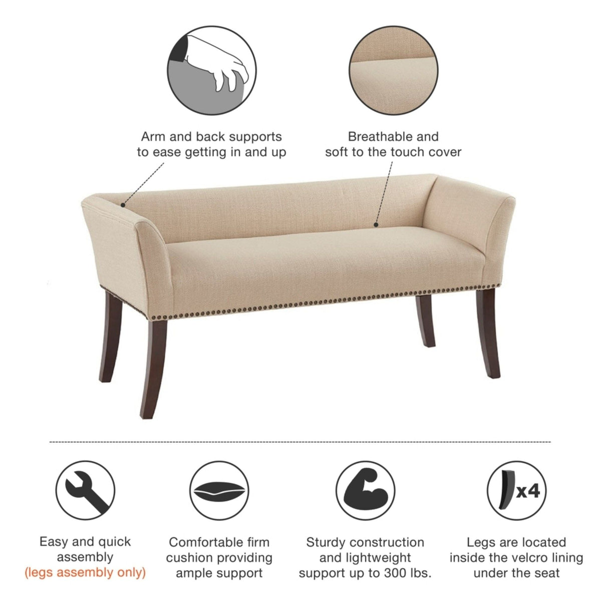 Elegant Design Upholstered Bench with solid wood frame in beige by HouseOfZazla on Tampa Home & Garden Store
