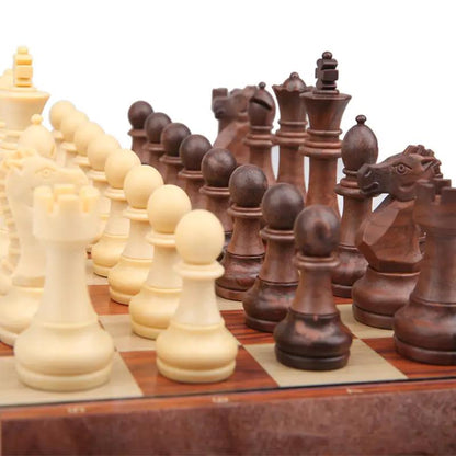 Chess set with magnetic pieces on a wood-like chessboard in light and dark brown on Tampa Home & Garden Store