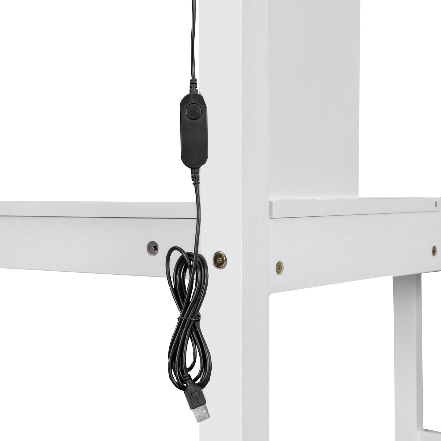Loft bed frame white wood with exposed USB power cord and hardware on Tampa Home & Garden Store