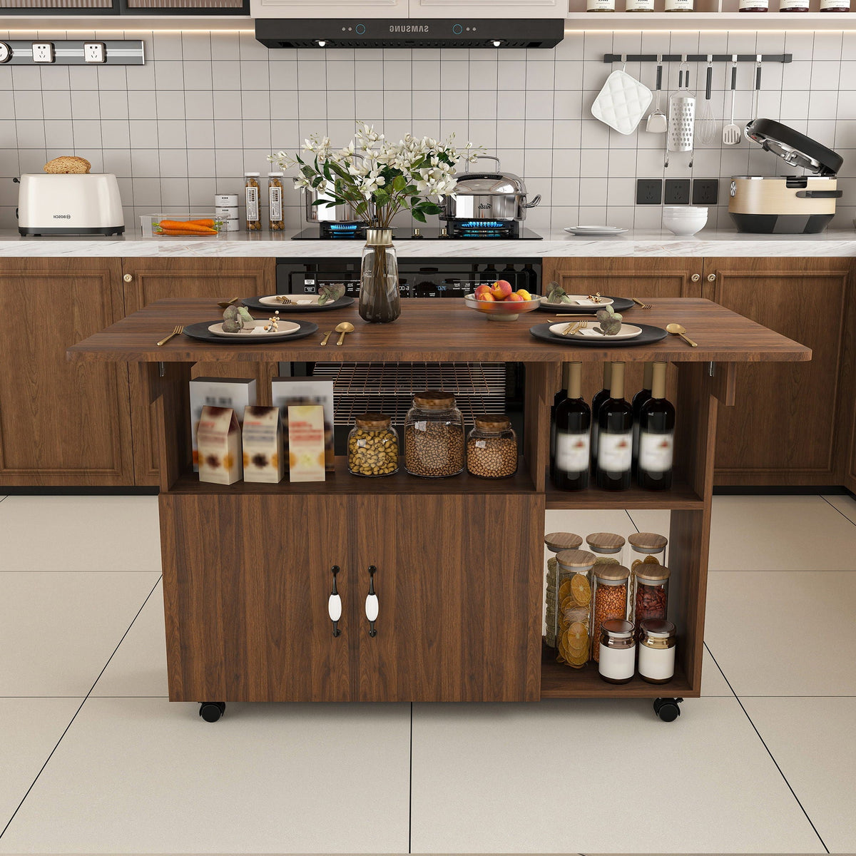 Folding kitchen island with storage shelves and wheels by HouseOfZazla dark brown wood on Tampa Home & Garden Store