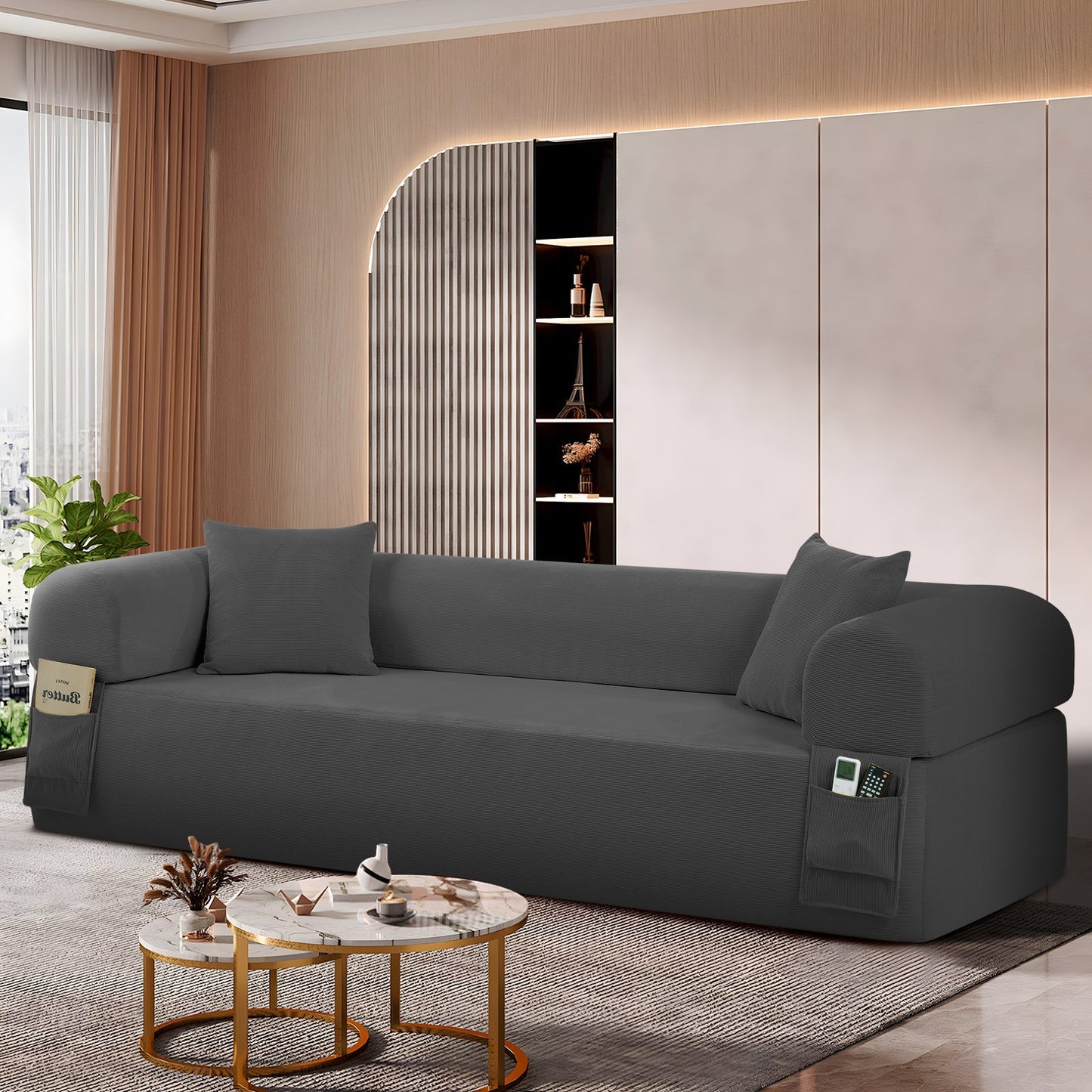 Spring Sofa with gray fabric, pillows and built-in storage pockets in a modern living room on Tampa Home & Garden Store