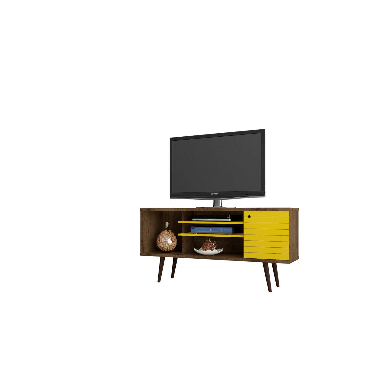 Free standing TV stand with storage, wood finish, yellow drawer front by HouseOfZazla on Tampa Home & Garden Store