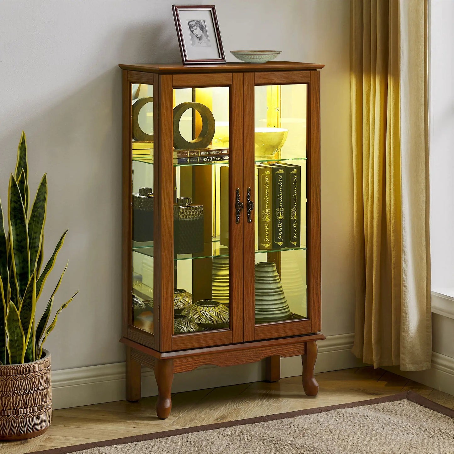 Curio cabinet wooden lighted with tempered glass doors, mirrored back, adjustable shelves on Tampa Home & Garden Store