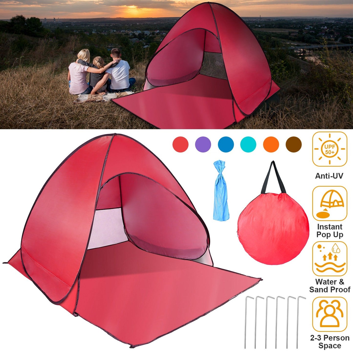 GemGear pop-up beach tent red, 2-3 person, anti-UV, instant setup with carry bag on Tampa Home & Garden Store