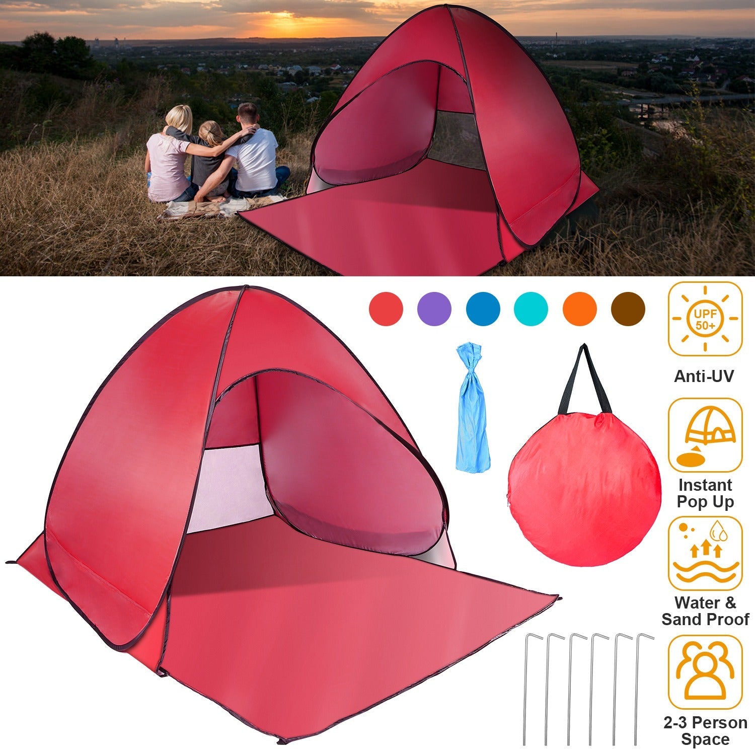 GemGear pop-up beach tent red, 2-3 person, anti-UV, instant setup with carry bag on Tampa Home & Garden Store