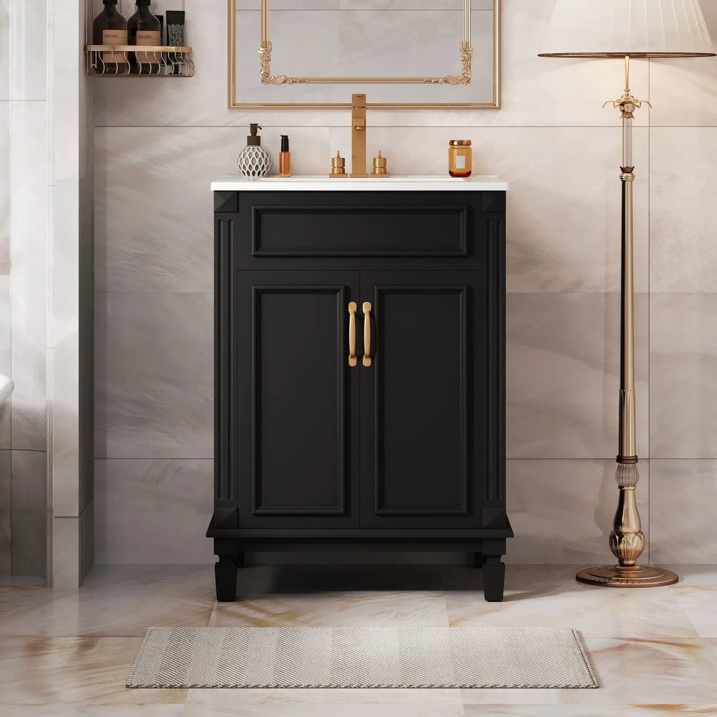 Bathroom vanity with top sink, black cabinet and gold faucet, 2 soft closing doors on Tampa Home & Garden Store