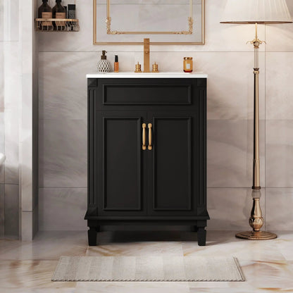 Bathroom vanity with top sink, black cabinet and gold faucet, 2 soft closing doors on Tampa Home & Garden Store