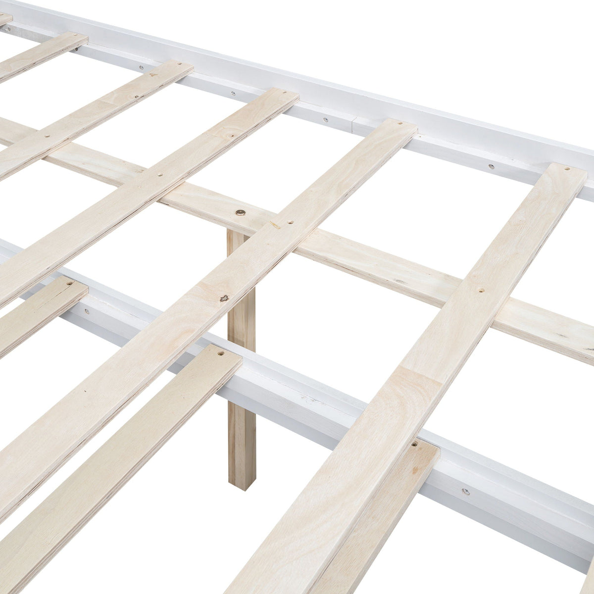 Full-size platform bed frame in white with natural wood slats and visible cross supports on Tampa Home & Garden Store