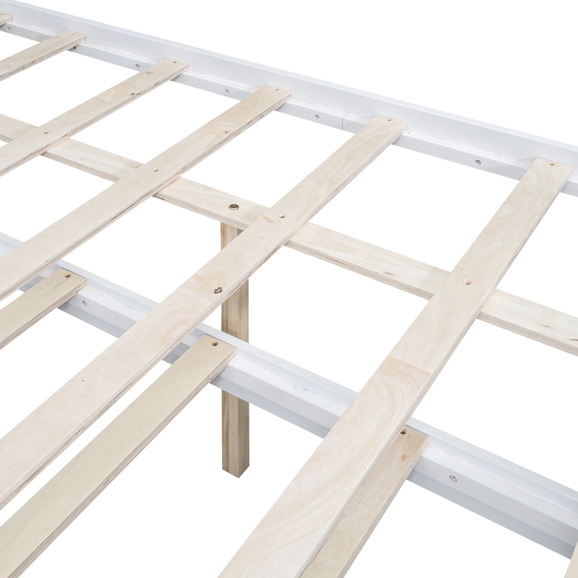 Full-size platform bed frame in white with natural wood slats and visible cross supports on Tampa Home & Garden Store