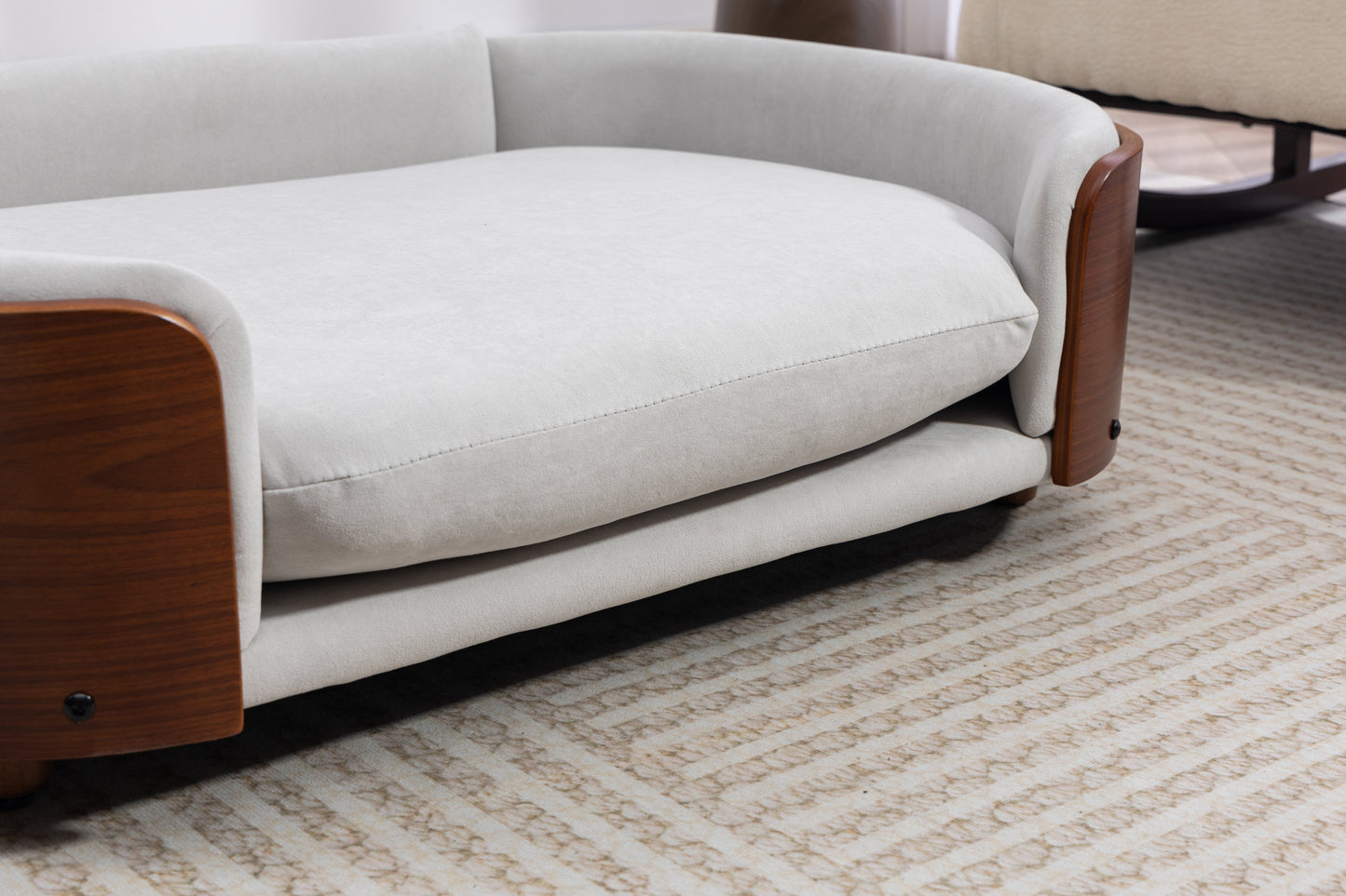 Scandinavian Style Elevated Dog Bed by HouseOfZazla, light gray upholstery with wood frame on Tampa Home & Garden Store