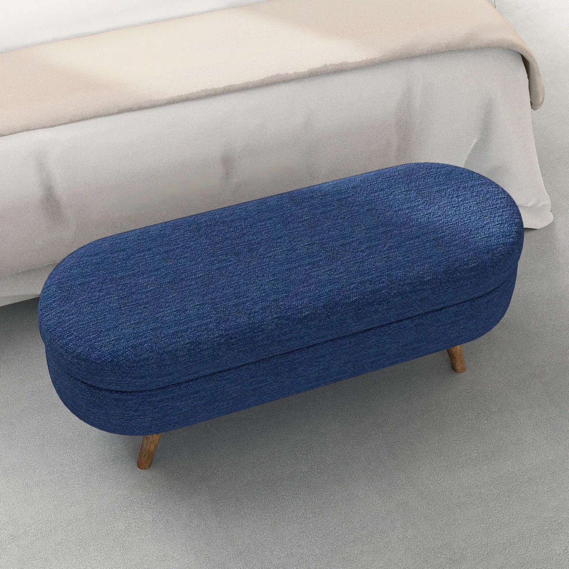 Oval blue upholstered storage ottoman with rubber wood legs by Unique Piece Furniture on Tampa Home & Garden Store