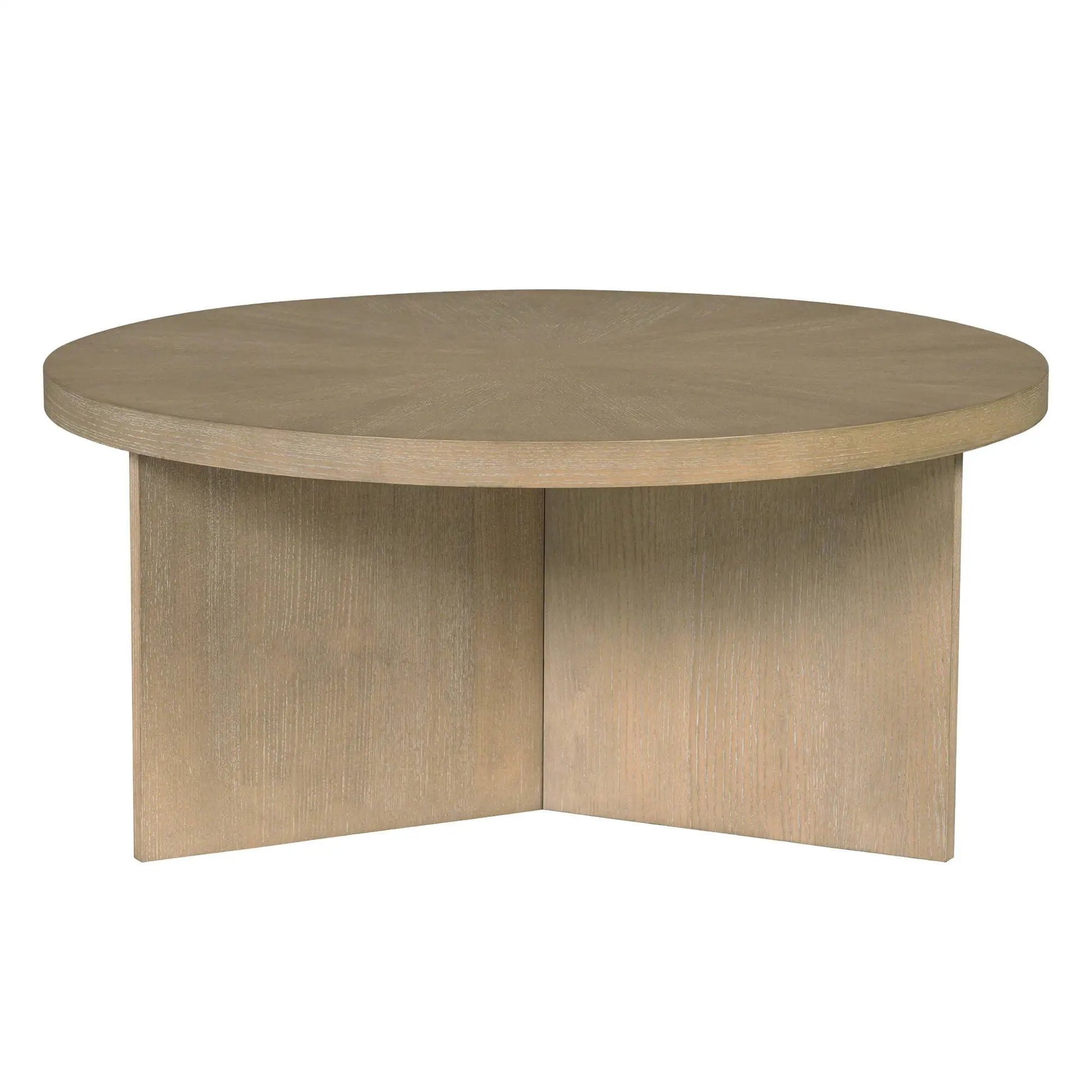 Round coffee table with solid veneer top in warm oak finish by Unique Piece Furniture on Tampa Home & Garden Store