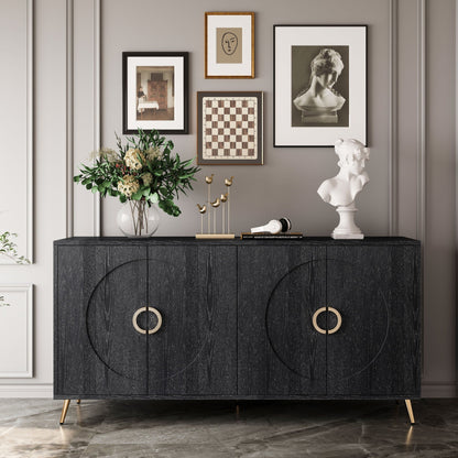 Modern lacquered 4-door wooden sideboard with black grain, gold ring handles, and slim gold legs on Tampa Home & Garden Store