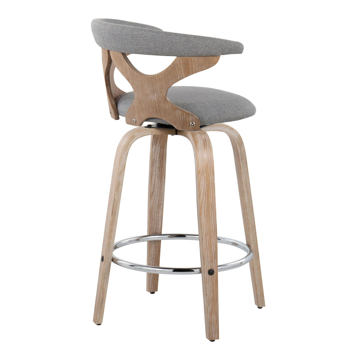 Mid Century Modern counter stool with swivel, grey fabric seat and back on a light wood frame with chrome footring on Tampa Home & Garden Store