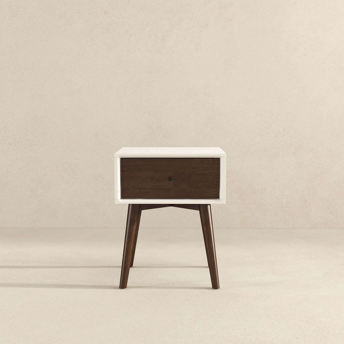 Accent nightstand with white frame and dark brown drawer, angled legs, HouseOfZazla on Tampa Home & Garden Store
