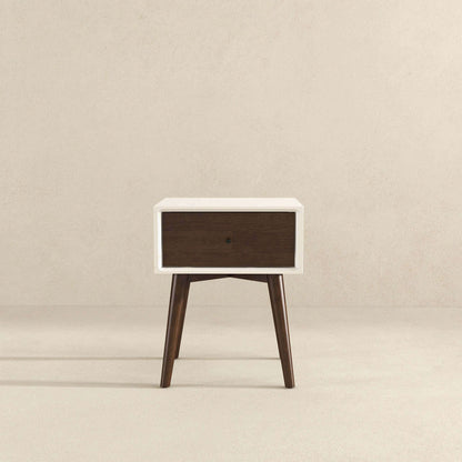 Accent nightstand with white frame and dark brown drawer, angled legs, HouseOfZazla on Tampa Home & Garden Store
