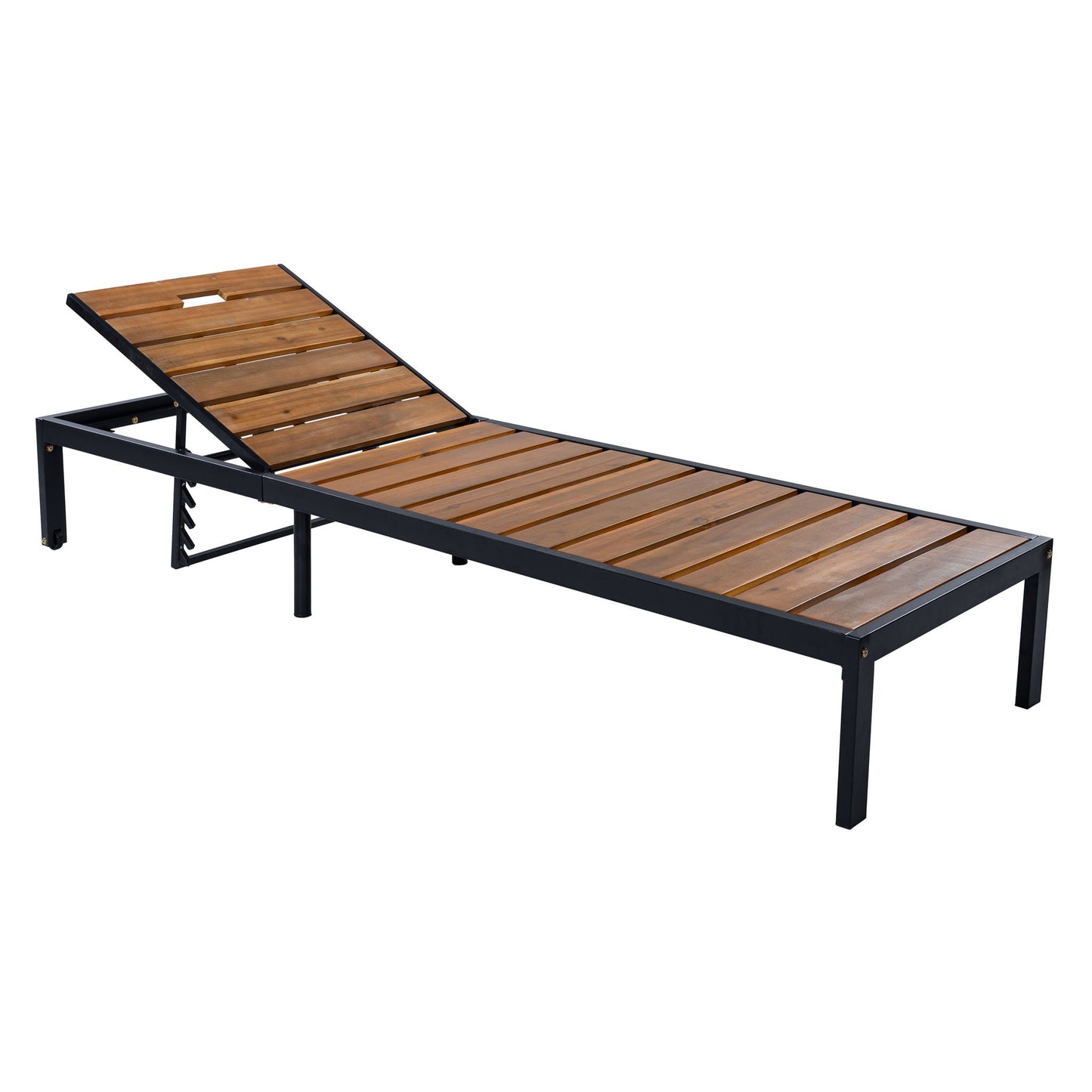 Outdoor chaise lounge with adjustable backrest, wooden slats and black metal frame on Tampa Home & Garden Store