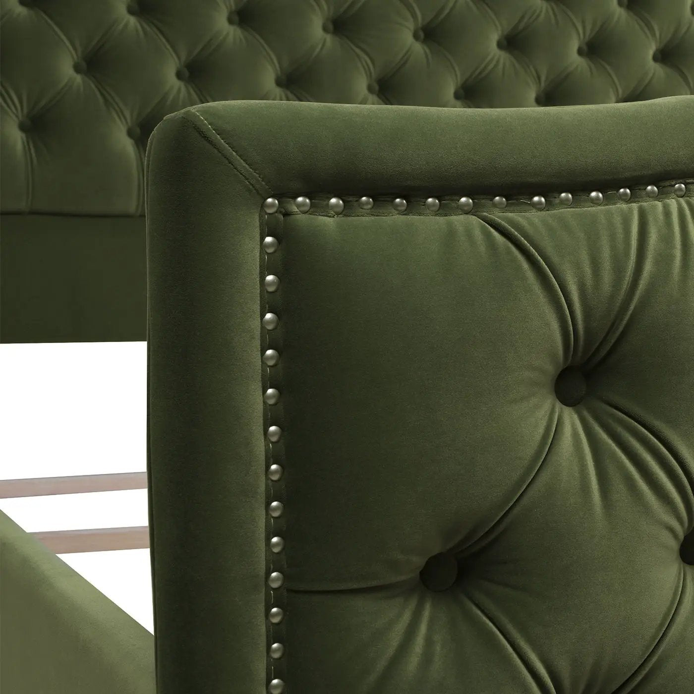 Marcella Upholstered Shelter Headboard Bed Set emerald green velvet with tufted, nailhead trim on Tampa Home & Garden Store