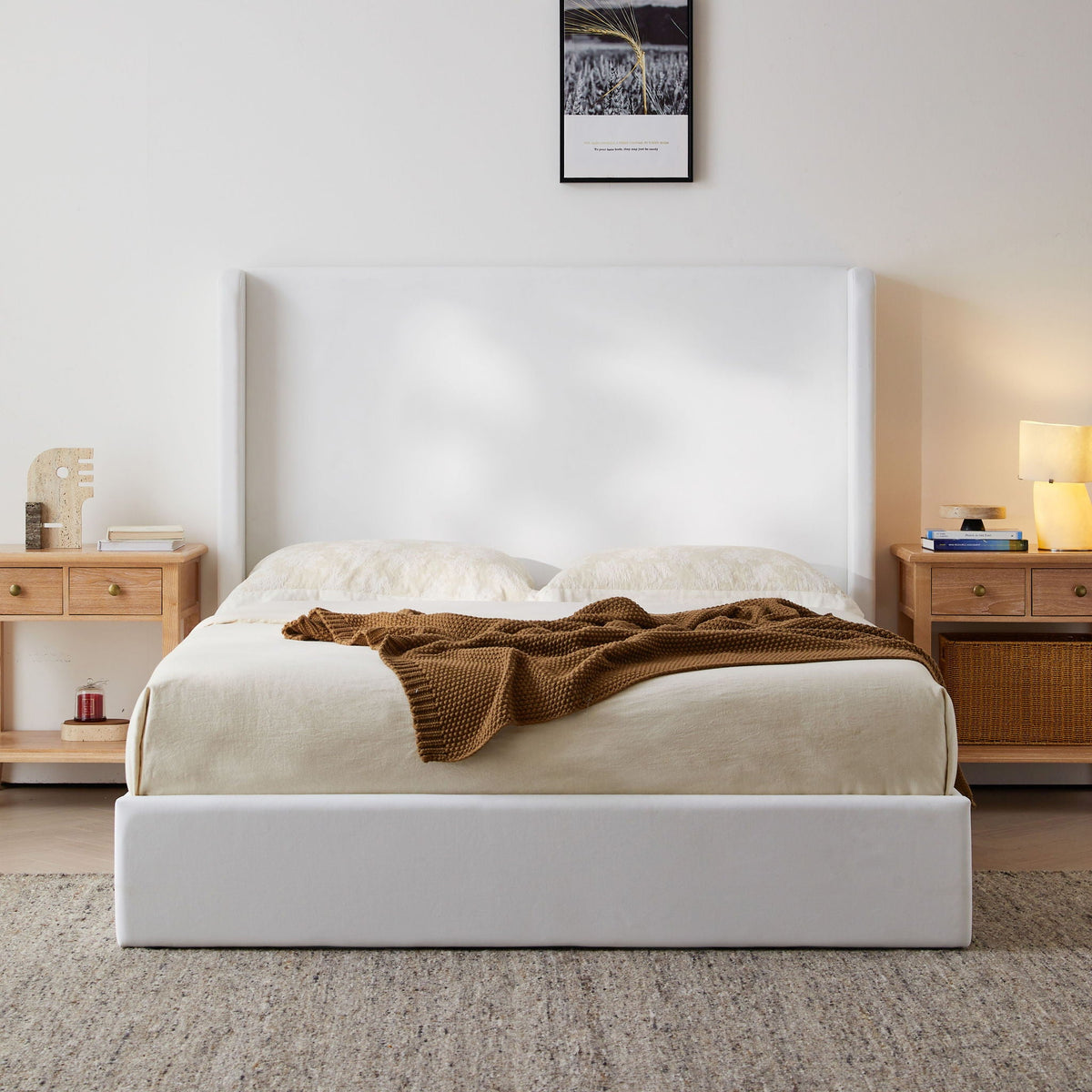 Carmen King Size Upholstered Wingback Bed in white with wood nightstands by HouseOfZazla on Tampa Home & Garden Store
