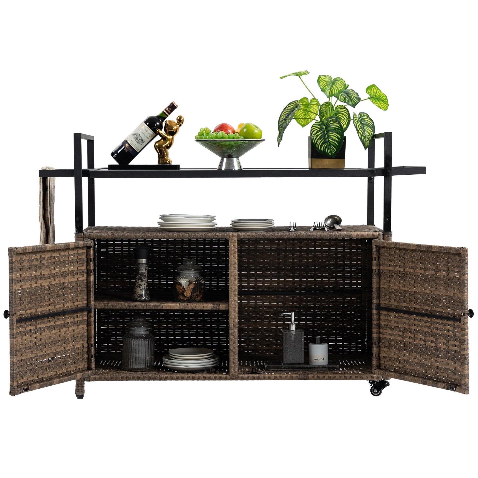 Outdoor wicker bar cart with glass top and wheels, black frame with wine bottle and fruit bowl on Tampa Home & Garden Store