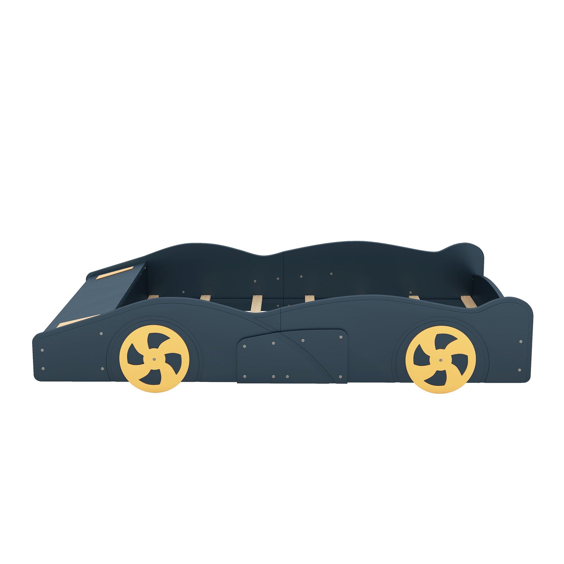 Race Car Shaped Platform Bed with Wheels and Storage, dark navy with yellow wheels HouseOfZazla on Tampa Home & Garden Store