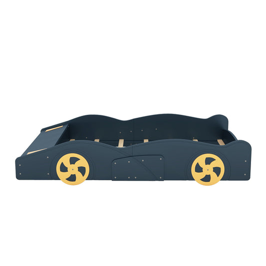 Race Car Shaped Platform Bed with Wheels and Storage, dark navy with yellow wheels HouseOfZazla on Tampa Home & Garden Store