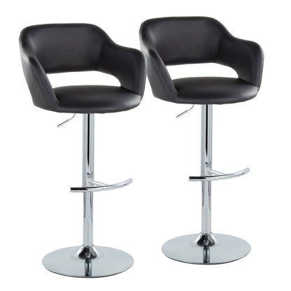Pair of contemporary adjustable swivel barstools with black leatherette seats and chrome pedestals on Tampa Home & Garden Store