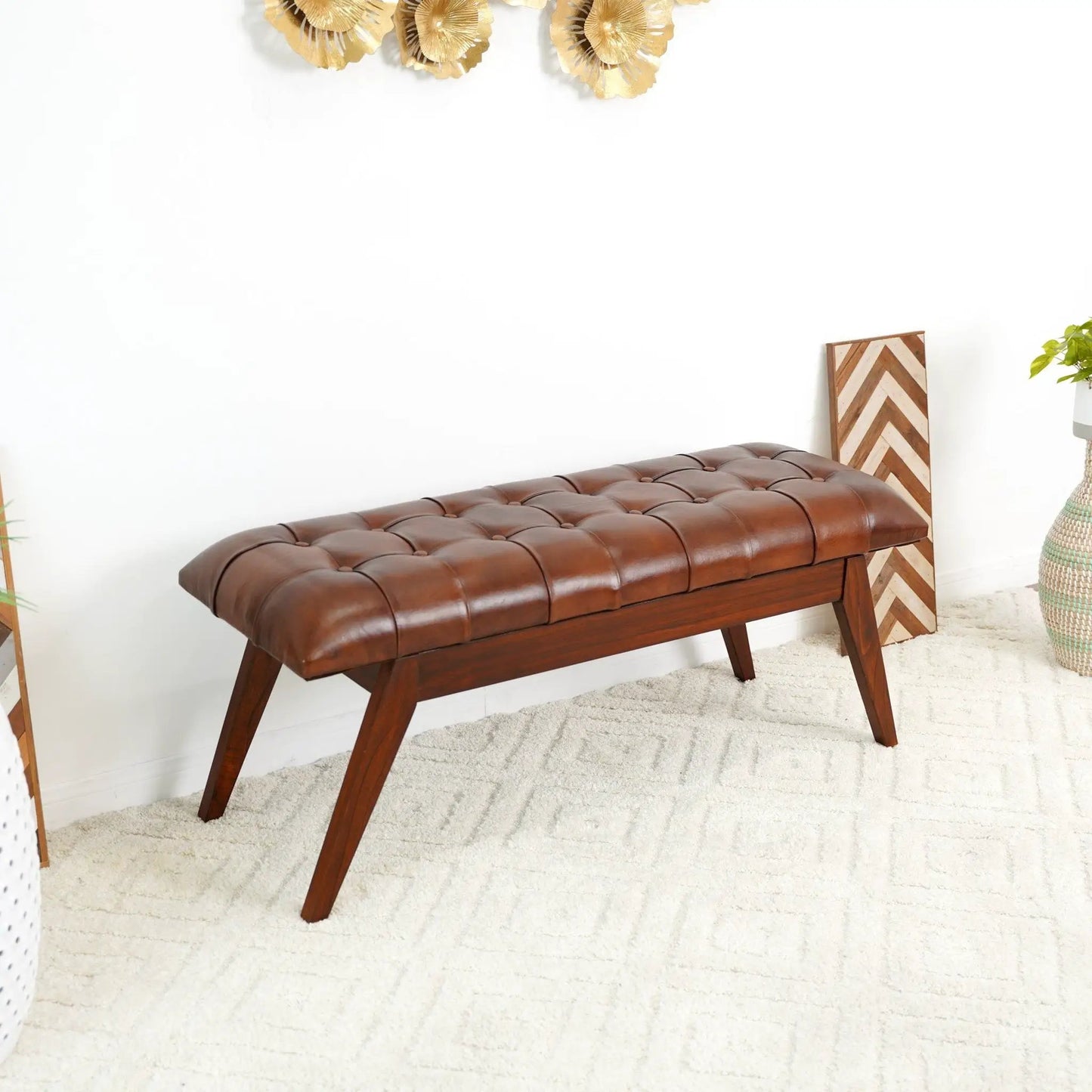Maja bench cognac upholstered with tufted leather and wood legs by Unique Piece Furniture on Tampa Home & Garden Store