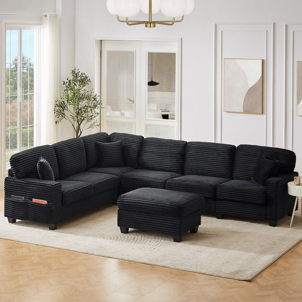 HouseOfZazla U-Shaped sectional sofa in black fabric with movable ottoman and side pockets on Tampa Home & Garden Store