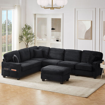 HouseOfZazla U-Shaped sectional sofa in black fabric with movable ottoman and side pockets on Tampa Home & Garden Store