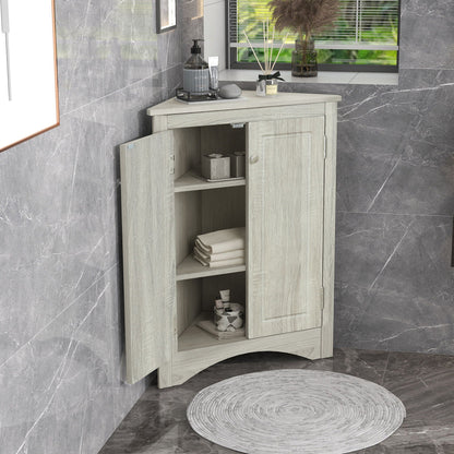 Triangle bathroom storage cabinet in light graywashed wood with adjustable shelves, freestanding on Tampa Home & Garden Store