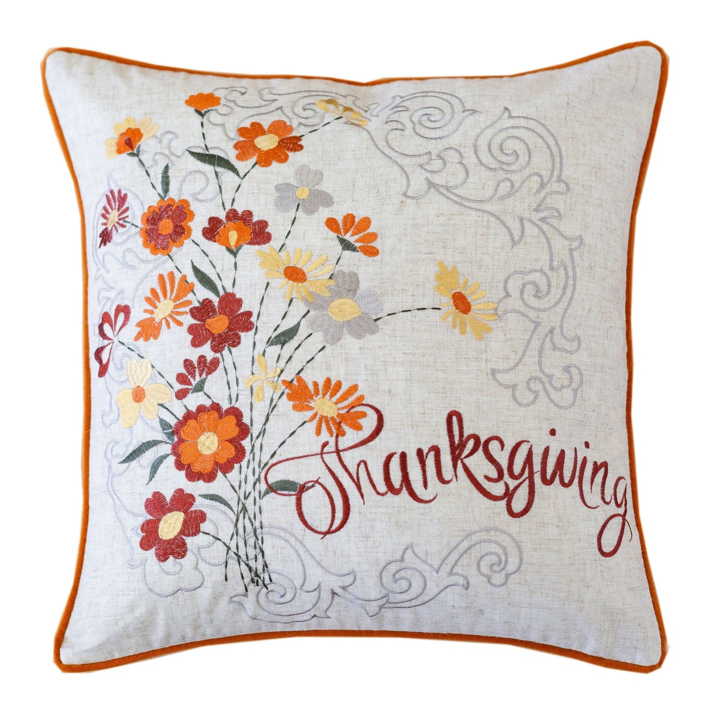 Thanksgiving Embroidered Floral Throw Pillow by HouseOfZazla with orange piping on cream linen on Tampa Home & Garden Store
