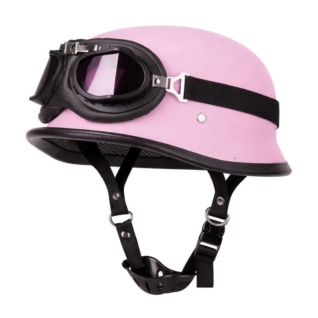 DOT Certification Half Helmet Retro Motorcycle pink helmet with black goggles and chin strap on Tampa Home & Garden Store