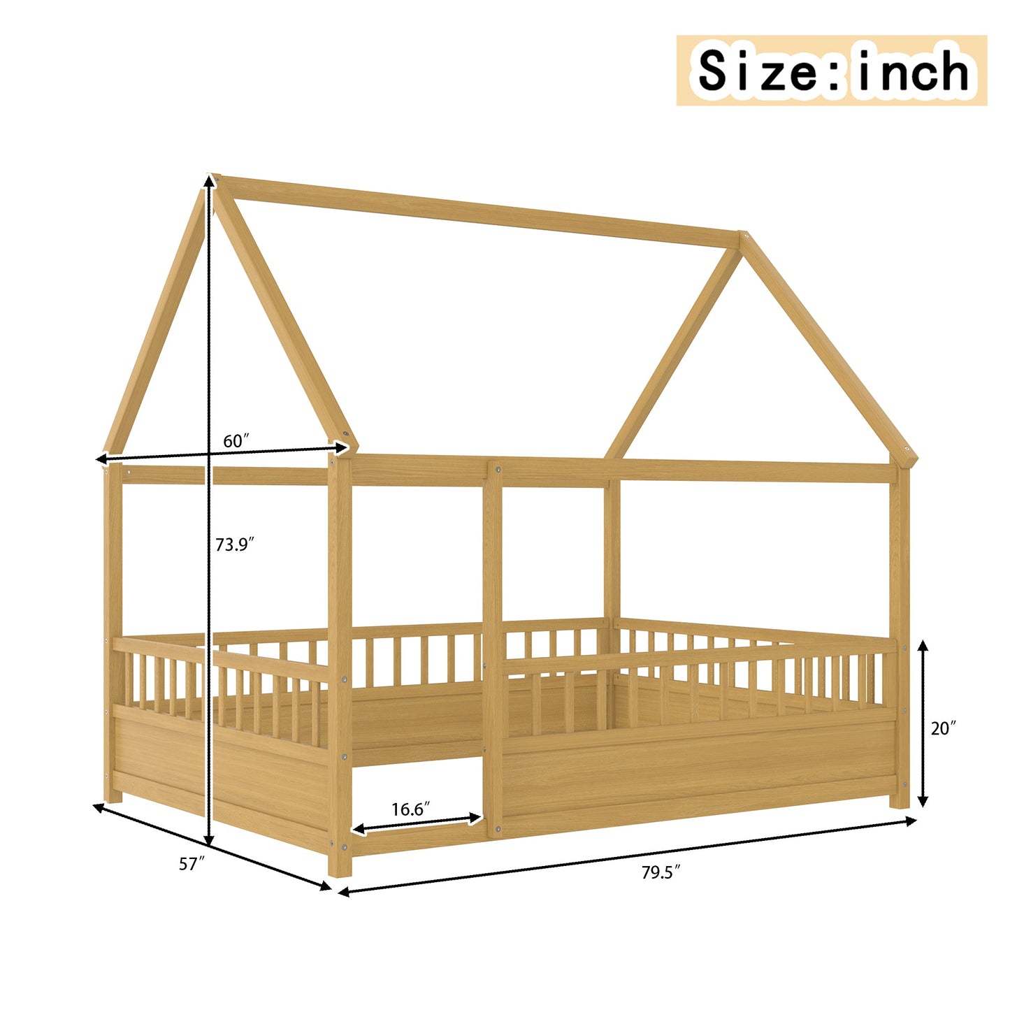 Full-size wooden bed frame with a house-roof design in natural wood, HouseOfZazla on Tampa Home & Garden Store